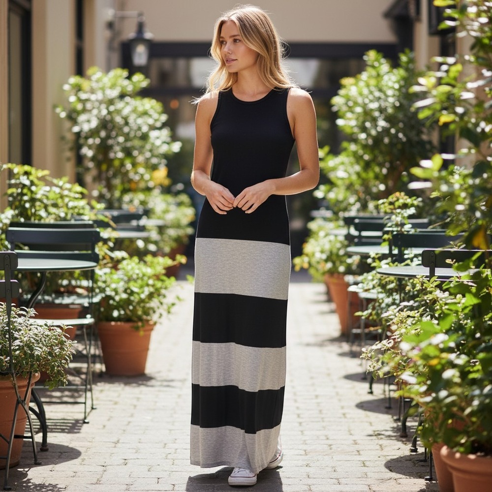 Monteau Los Angeles Women's Medium Black Grey Striped Knit Maxi Dress Casual NWT